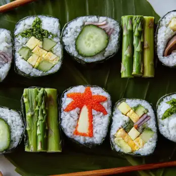 Creatieve Sushi Rollen met Palm- en Tropisch Design