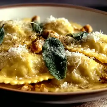 Pompoenravioli met Salie en Geroosterde Hazelnoten