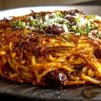 Spaghetti Pizza met Olijven en Tomatensaus