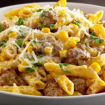 Pittige Penne met Maïs en Italiaanse Worst