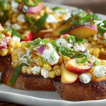 Bruschetta met Perzik, Mais en Burrata