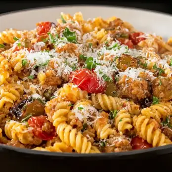 Fusilli met Italiaanse Worst en Aubergine
