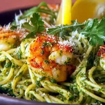 Spaghetti met Rucola Pesto en Gegrilde Gamba's