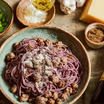 Paarse Spaghetti met Tuinbonen en Italiaanse Worst
