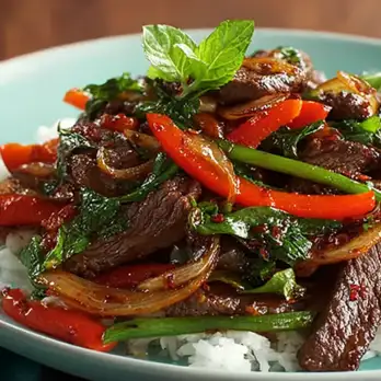 Pittige Rundvleesroerbak met Thaise Basilicum en Munt