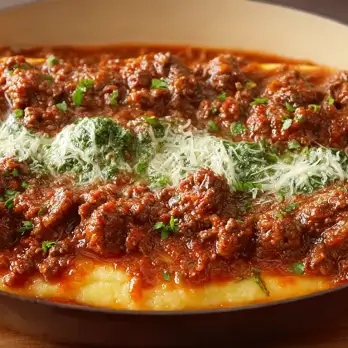 Pittige Lamsbolognese met Romige Polenta