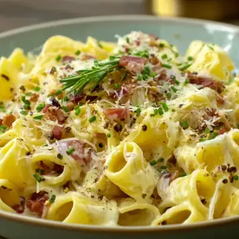 Pasta Carbonara met Zoete Uien en Citroen
