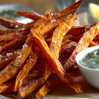 Zoete Aardappelfrietjes met Basilicumzout en Knoflookmayonaise