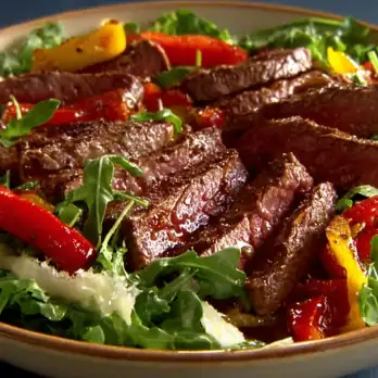 Gebakken Ribeye Steak met Rucola en Paprikasalade