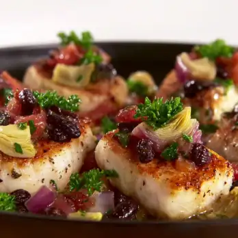 Heilbot met Artisjok-Olijven Caponata