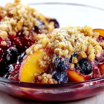 Perzik-Bosbessen Crumble met Vanille-ijs