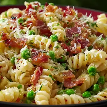 Italiaanse Pasta Aglio e Olio met Doperwten en Knapperige Prosciutto