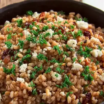 Romige Farro Risotto met Feta en Pijnboompitten
