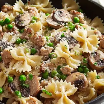 Farfalle Pasta met Kalkoenworst, Erwten en Champignons