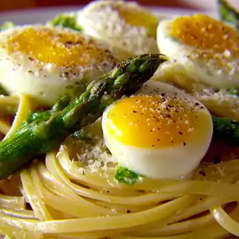 Italiaanse Carbonara met Asperges en Basilicum Aioli