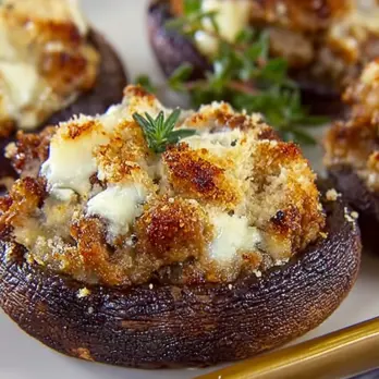 Gegrilde Portobello Champignons met Kalkoenworst en Gorgonzola