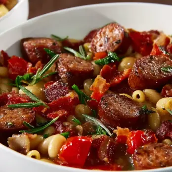 Pittige Italiaanse Worstjes met Bonen en Pasta