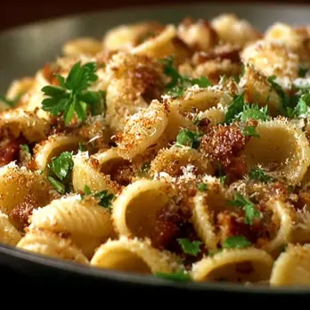 Orecchiette met Knapperige Broodkruimels en Prosciutto