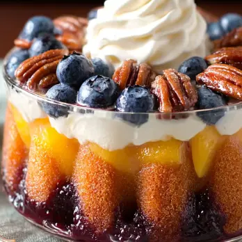 Perzik en Room Trifle met Blauwe Bessensaus