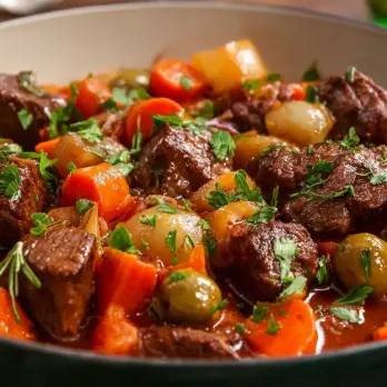 Lamsstoofpot met Rode Wijn en Groene Olijven