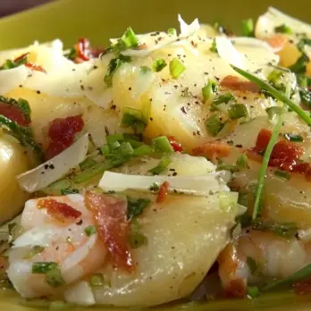 Aardappel-Prei-Bacon Ravioli met Garnalensaus