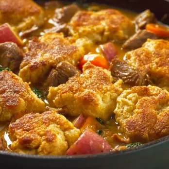 Varkensstoofpot met Kaasbiscuitjes