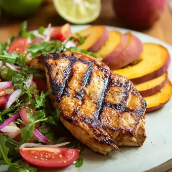 Perziken BBQ Kip met Zoete Aardappel en Tomaat Komkommer Salade