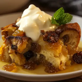 Brioche Broodpudding met Perzik Suzette Saus