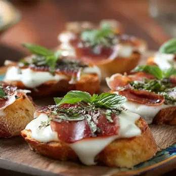 Prosciutto Bruschetta met Mozzarella en Basilicum