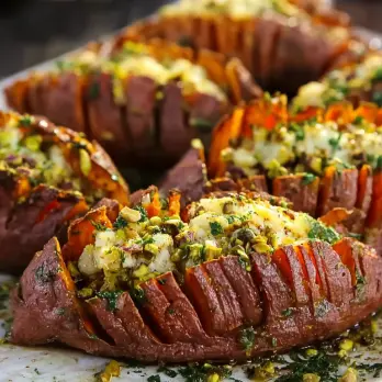 Hasselback Zoete Aardappels met Pistache Crumble