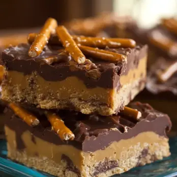 No-bake pindakaas chocolade pretzel repen