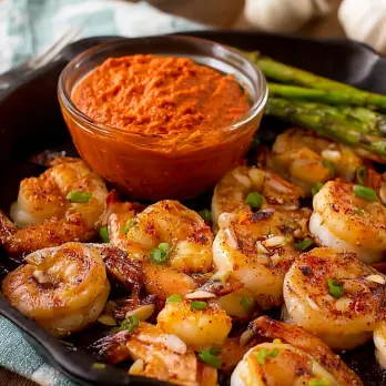 Gegrilde Garnalenspiesjes met Romesco Saus