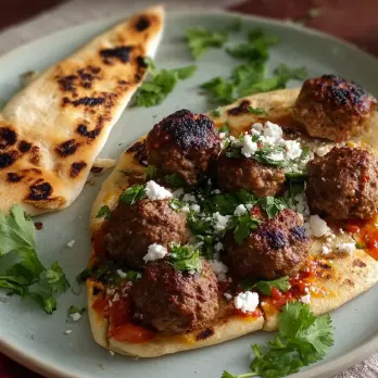 Gegrilde Lamsgehaktballetjes met Tomatensaus op Naan