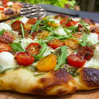 Gegrilde Pesto Pizza met Mozzarella en Tomaat